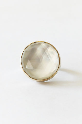 Round Rose Cut Rock Crystal Over Mother of Pearl Ring