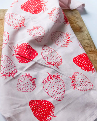 Red Strawberries Pink Tea Towel