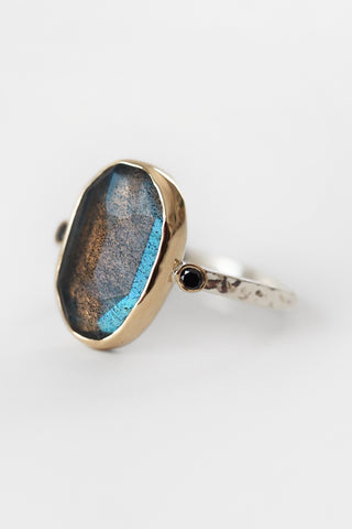 14k Labradorite + Black Diamond Ring