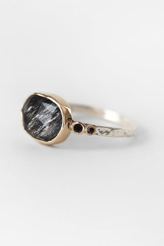 14k Tourmalinated Quartz + Black Diamond Ring