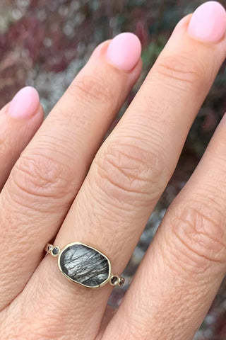 14k Tourmalinated Quartz + Black Diamond Ring