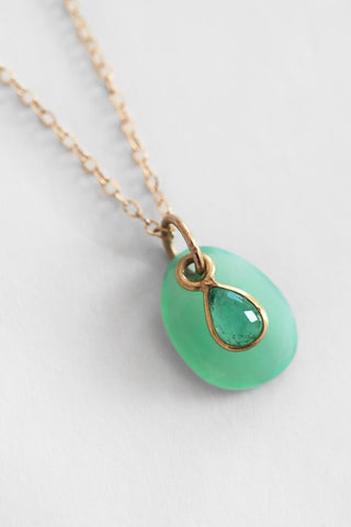18k Chrysoprase + Emerald 14k Chain Necklace
