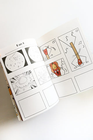 Open book with illustrated pages on a white background