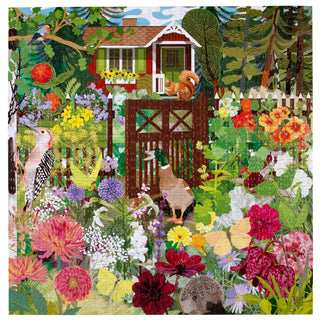Colorful garden scene with flowers, animals, and a small house.
