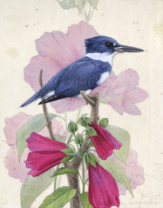 Illustration of a blue bird perched on a branch with pink flowers