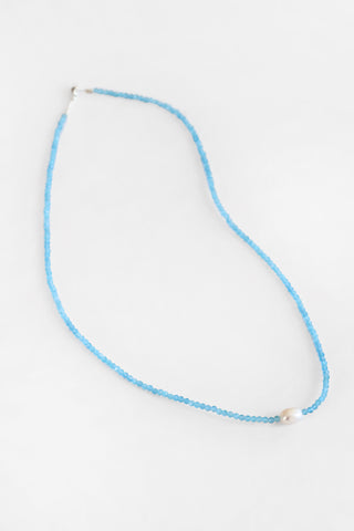 Blue Chalcedony + White Pearl Necklace