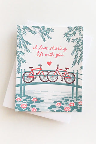 Bridge with Bikes Love Greeting Card