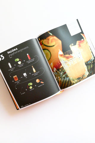 Open book showing a recipe for a Paloma cocktail with a diagram and ingredients list.