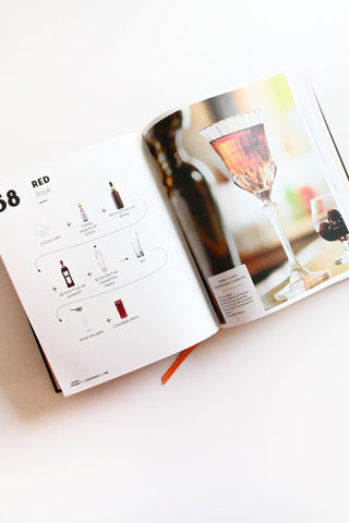 Open book showing a page with a diagram and images of bottles and glasses on a white surface.