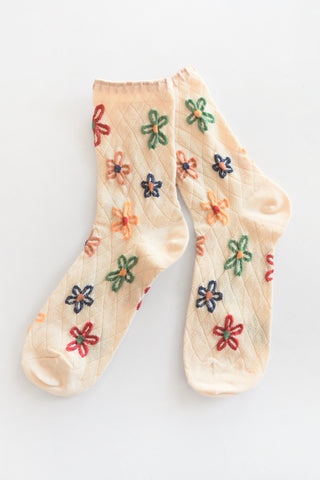Ivory Embroidered Floral Crew Socks
