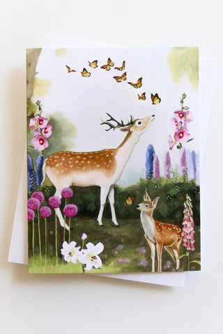 Deer in Flower Garden Greeting Card