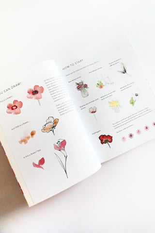 Open book with illustrations of flowers and text on a white background