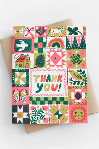 Folk Quilt Thanks Letterpress Greeting Card