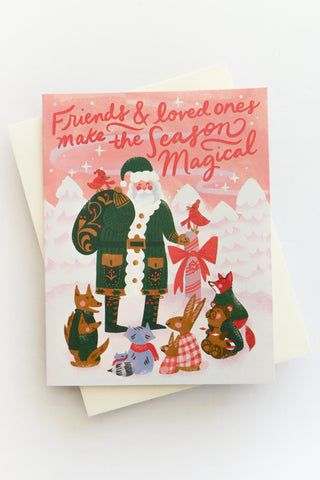 Christmas card with Santa Claus and animals on a pink background