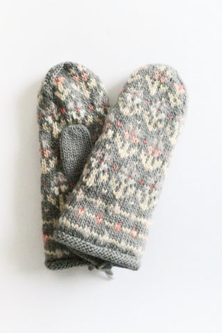 Pair of knitted mittens with a floral pattern on a white background