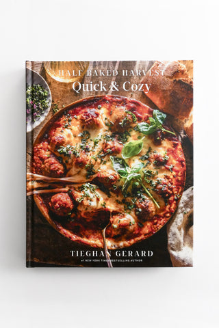 Cookbook titled 'Quick & Cozy' by Tiegham Gerard with a pizza on the cover.