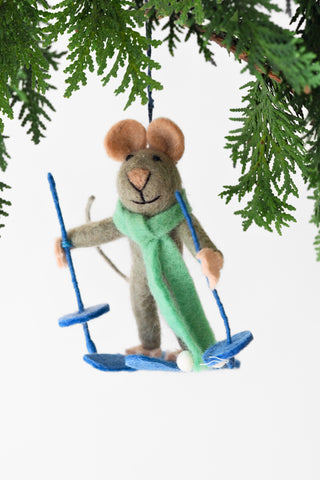 Handmade Sylvia the Skiing Mouse Felt Ornament
