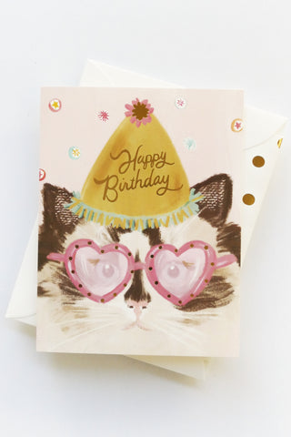 Happy Birthday Cat with Heart Glasses Greeting Card