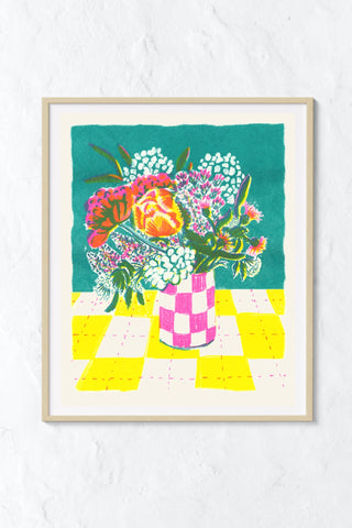 Hydrangea and Checks Risograph Print