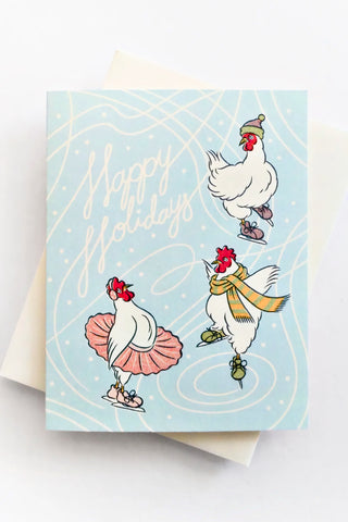 Ice Skating Chickens Holiday Greeting Card