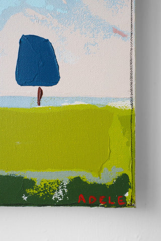 Close up of an abstract painting with a blue tree on a green field, signed 'ADELE'.