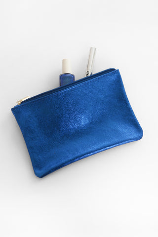 Iridescent Electric Blue Leather Zip Pouch