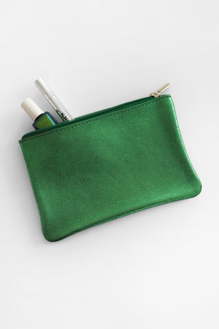 Iridescent Emerald Green Leather Zip Pouch