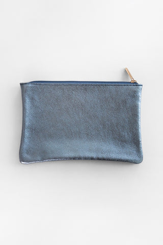 Iridescent Light Blue Leather Zip Pouch