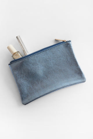 Iridescent Light Blue Leather Zip Pouch