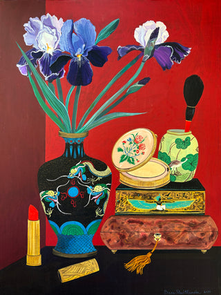 Irises with Brush, Compact, and Lipstick
