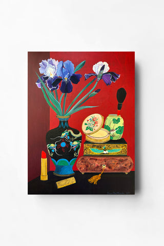 Irises with Brush, Compact, and Lipstick