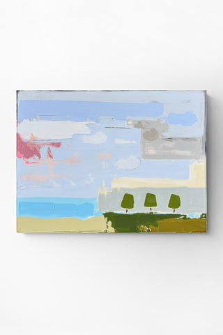 Abstract painting of a landscape with trees, water, and sky on a white wall