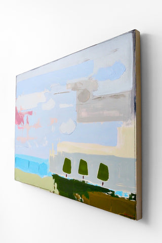 Abstract painting of a landscape with trees, water, and clouds on a white wall.