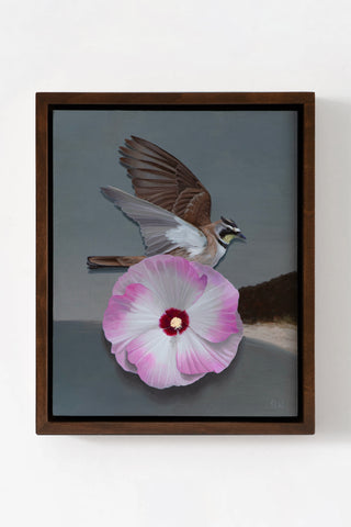 Framed artwork of a bird perched on a pink flower against a gray background