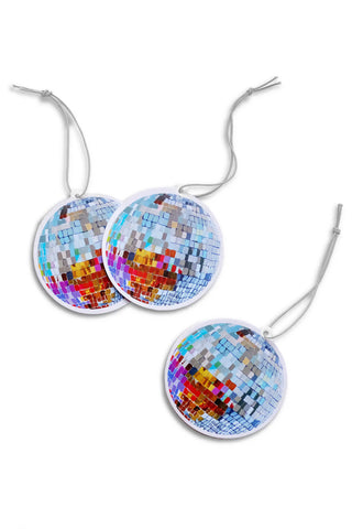 Three disco ball-style air fresheners with colorful pixelated design on a white background