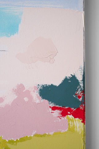 Abstract art with splashes of pink, blue, green, and red on a textured surface.