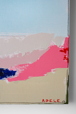 Abstract art piece with pink, blue, and beige colors on a light blue background, signed 'Adele'.