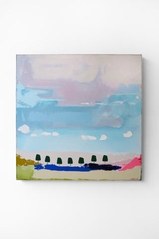 Abstract painting of a landscape with a blue sky and green trees on a white wall