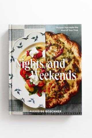 Cookbook titled 'Nights and Weekends' with a pizza and pasta on the cover