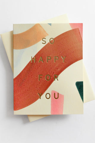 Greeting card with abstract design and 'So Happy For You' text on a white background