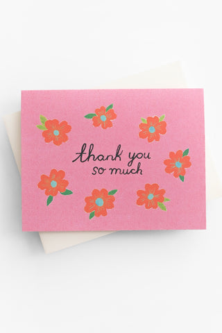 Pink Hand Lettered with Red Flowers Greeting Card