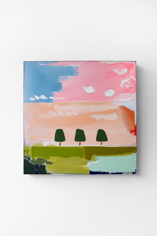 Abstract painting of a landscape with trees and a pink sky on a white background