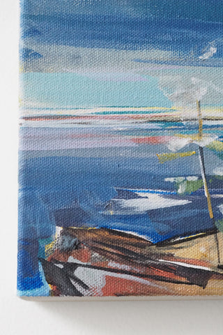 Painting of boats on a dock with a blue sky and water background