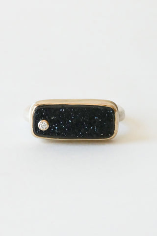 Rectangle Brazilian Black Druzy + Satellite Diamond Ring