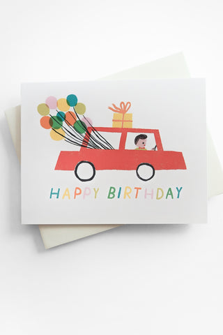 Retro Car with Balloons Greeting Card
