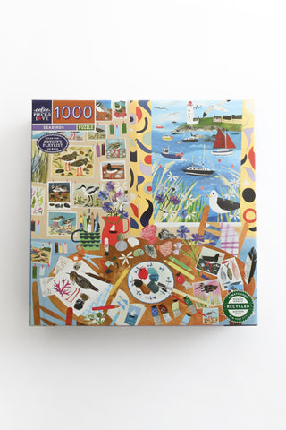 Jigsaw puzzle box with colorful design on a white background