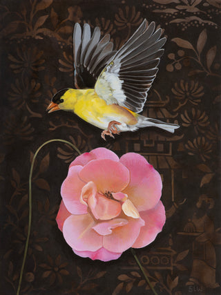 Painting of a yellow bird perched on a pink rose against a dark floral background