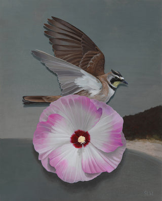 Painting of a bird perched on a pink flower with a gray background