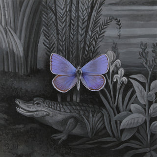 Paining of a blue-ish purple butterfly on a monochromatic natural setting background