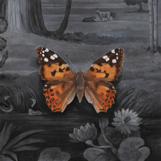 Painting of a butterfly on a black and white landscape in the background
